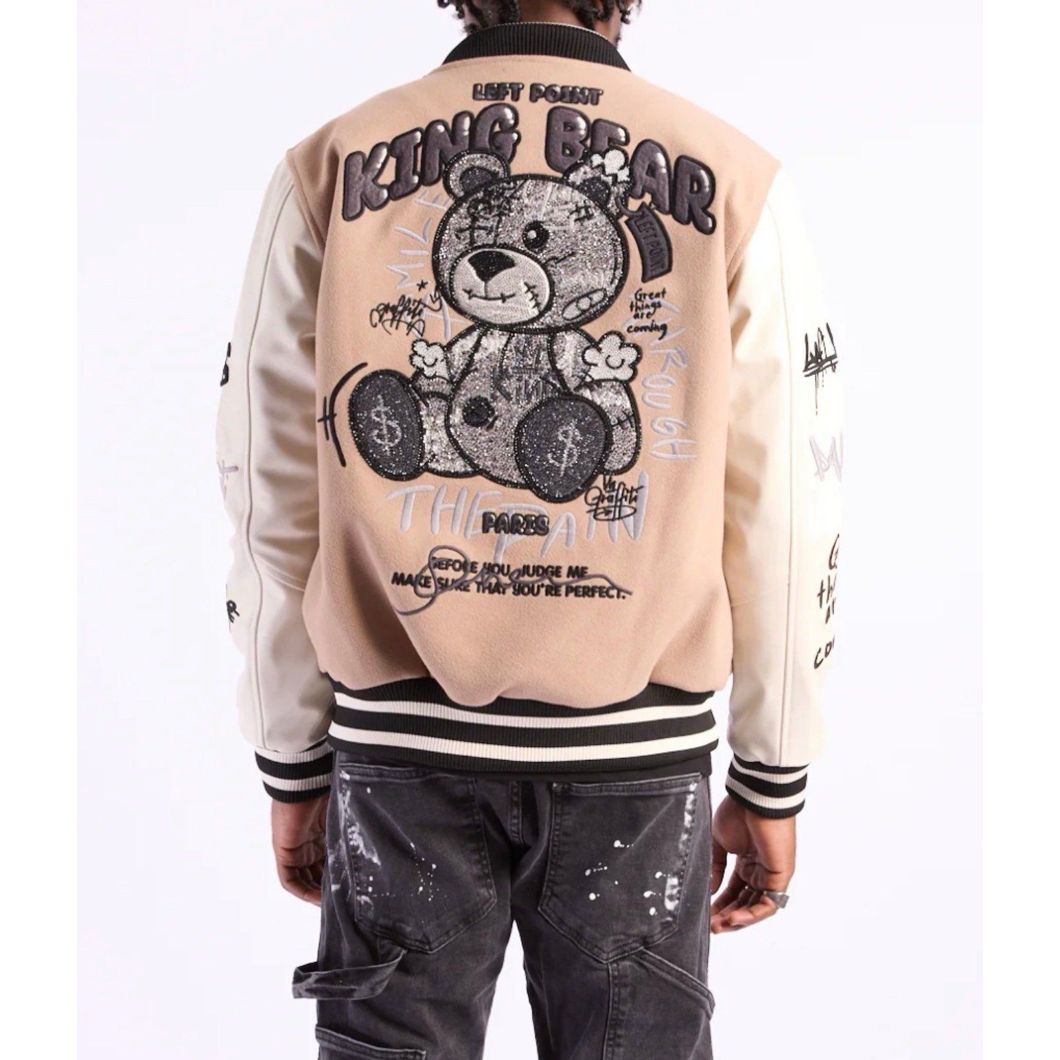 Left Point College Varsity Jacket Bear Beige Medium M Nwt $450 Retail Streetwear